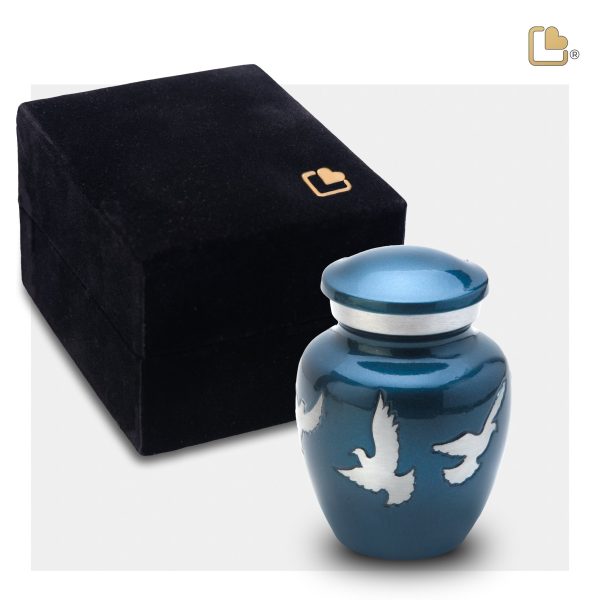 K572   Divine Flying Doves Keepsake Urn Blue & Bru Pewter Fashion