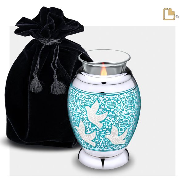 T501   Classic Soaring Doves Tealight Urn Blue & Pol Silver Online now