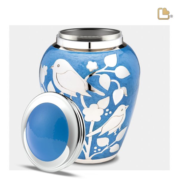 A280   BlessingBirds Standard Adult Urn Pearl Blue & Pol Silver Supply