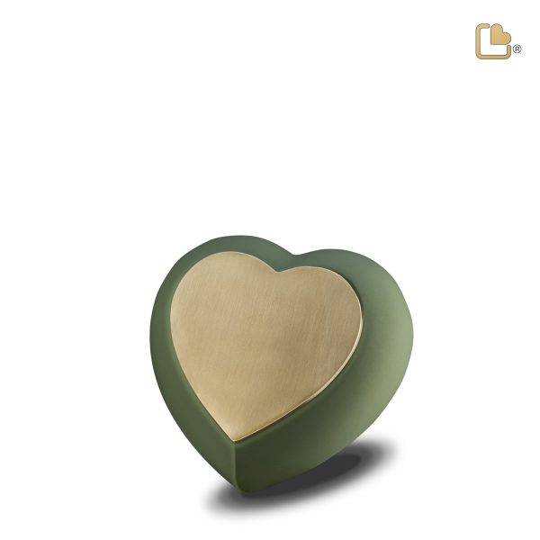 H585   Drop Heart Keepsake Urn Sage Green & Bru Gold Sale