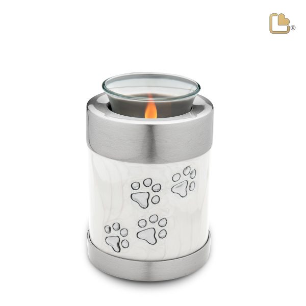 T659   Pet Tealight Urn Pearl White & Bru Pewter Sale