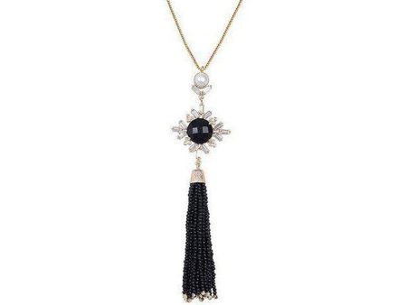 Black onyx and Pearl Tassel Necklace For Cheap