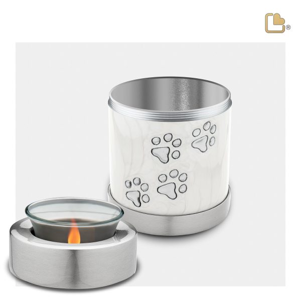 T659   Pet Tealight Urn Pearl White & Bru Pewter Sale