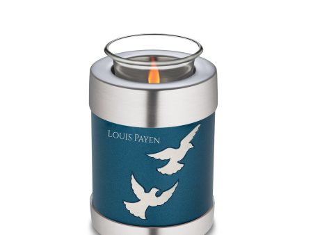 T572   Divine Flying Doves Tealight Urn Blue & Bru Pewter Supply