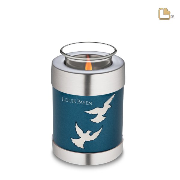 T572   Divine Flying Doves Tealight Urn Blue & Bru Pewter Supply