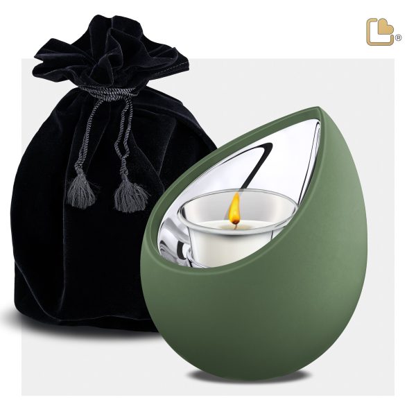 T585   Drop Tealight Urn Sage Green & Pol Silver Sale