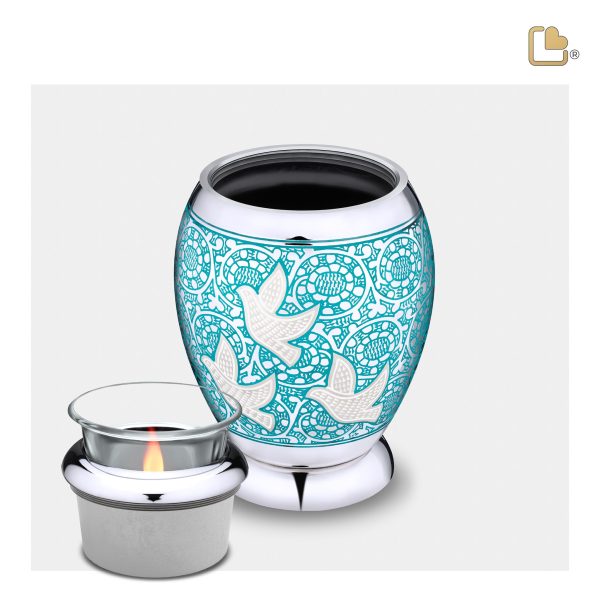 T501   Classic Soaring Doves Tealight Urn Blue & Pol Silver Online now