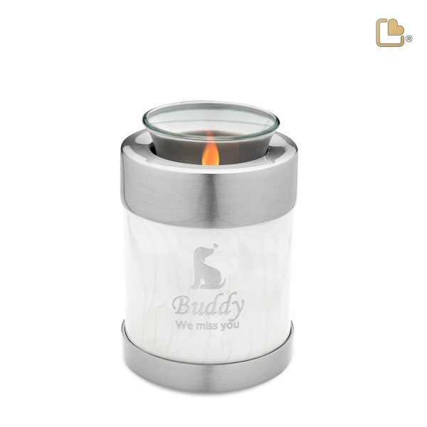 T659   Pet Tealight Urn Pearl White & Bru Pewter Sale