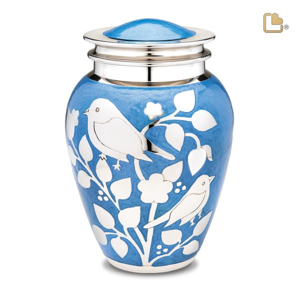 A280   BlessingBirds Standard Adult Urn Pearl Blue & Pol Silver Supply