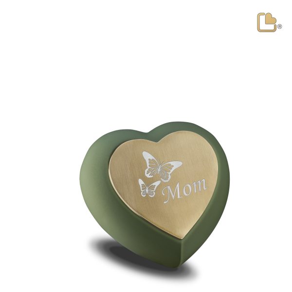 H585   Drop Heart Keepsake Urn Sage Green & Bru Gold Sale