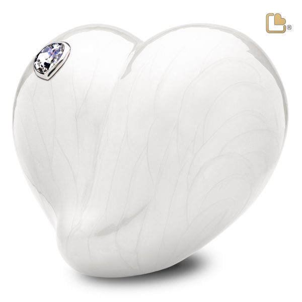 A1003   LoveHeart Standard Adult Urn Pearl White & Pol Silver w Crystal on Sale