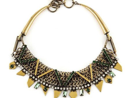 Brass Necklace with Green Rhinestones Online Hot Sale