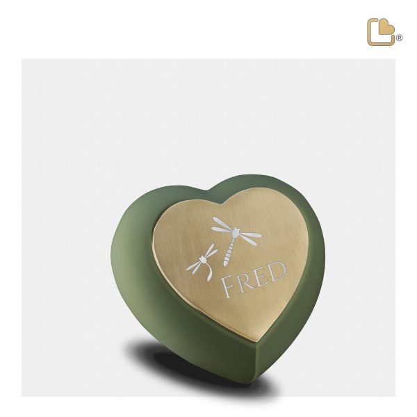 H585   Drop Heart Keepsake Urn Sage Green & Bru Gold Sale