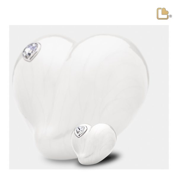 K1003   LoveHeart Keepsake Urn Pearl White & Pol Silver w Crystal Online now