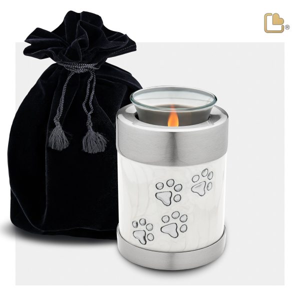 T659   Pet Tealight Urn Pearl White & Bru Pewter Sale