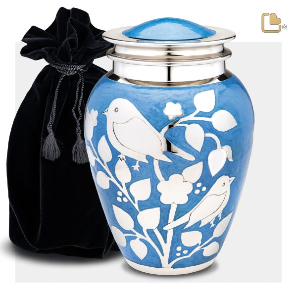 A280   BlessingBirds Standard Adult Urn Pearl Blue & Pol Silver Supply