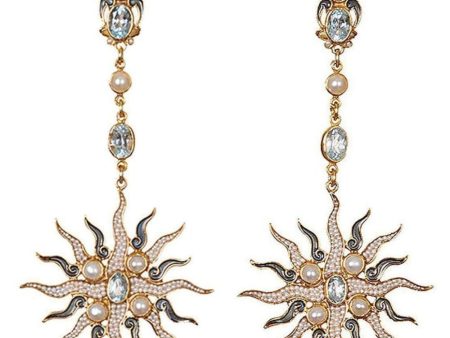 Blue Topaz and Pearl Sunburst earrings on Sale