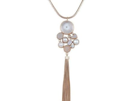 Druzy, Moonstone, and Pearl Tassel Necklace Online Sale